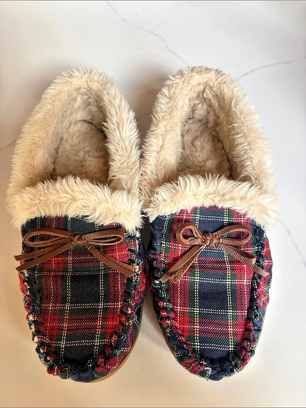 J.Crew Tartan Plaid Faux-Shearling Moccasin Slippers US 8